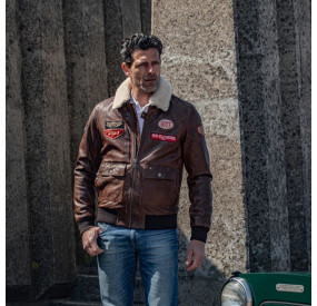 BROWN LEATHER AVIATOR JACKET WITH BADGES