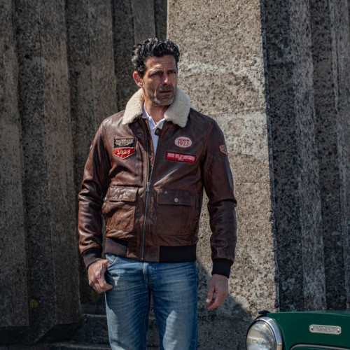 BROWN LEATHER AVIATOR JACKET WITH BADGES